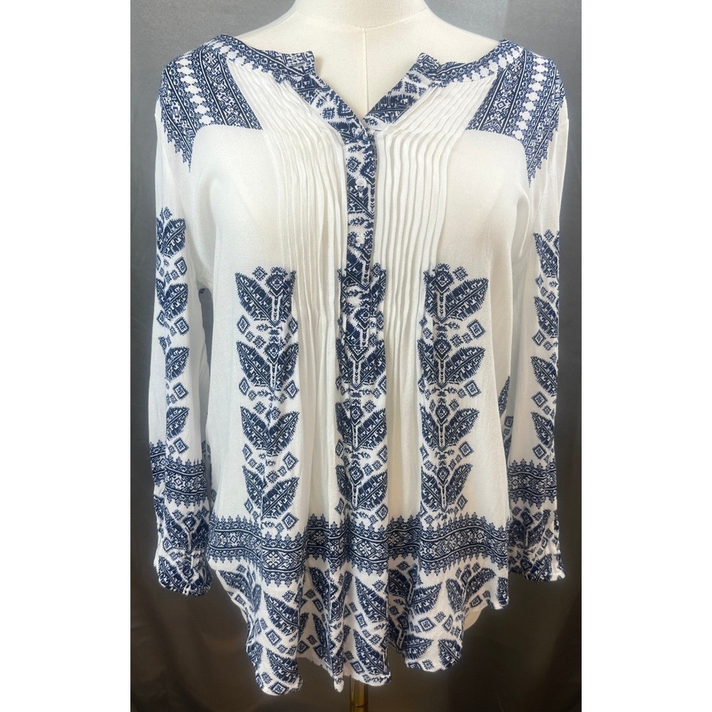 Daniel Rainn Womens Tunic Boho Peasant Blouse White Navy Blue Med D16788RYC
